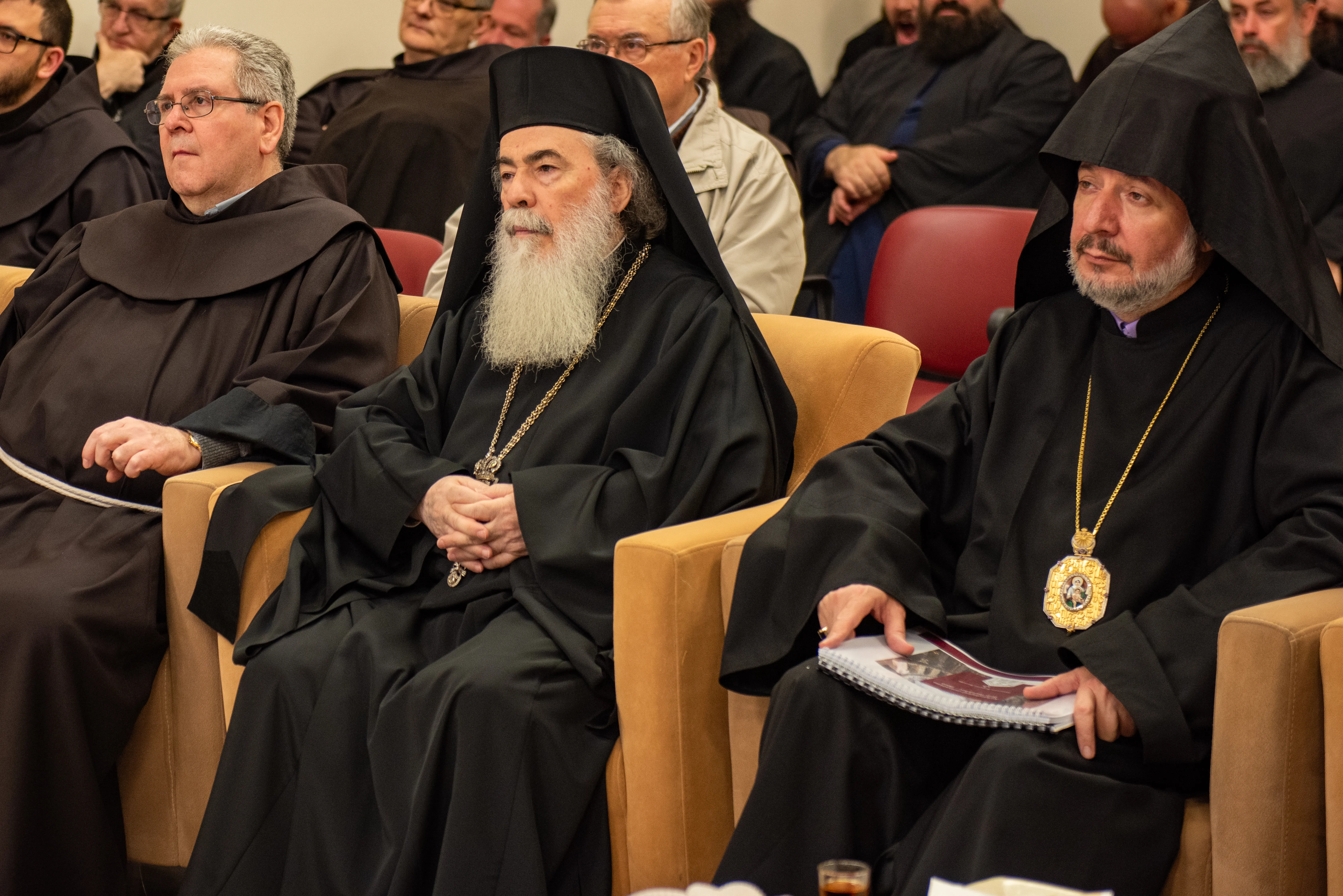 On Dec. 21, 2023, leaders of the three communities responsible for the Basilica of the Holy Sepulcher took part in a meeting for the presentation of the work in progress in the Holy Sepulcher in Jerusalem in 2023. From left to right: Father Francesco Patton, custos of the Holy Land; H. B. Theophilos III, Greek Orthodox patriarch of Jerusalem; and H. B. Nourhan Manougian, Armenian Patriarch of Jerusalem.?w=200&h=150