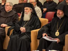 On Dec. 21, 2023, leaders of the three communities responsible for the Basilica of the Holy Sepulcher took part in a meeting for the presentation of the work in progress in the Holy Sepulcher in Jerusalem in 2023. From left to right: Father Francesco Patton, custos of the Holy Land; H. B. Theophilos III, Greek Orthodox patriarch of Jerusalem; and H. B. Nourhan Manougian, Armenian Patriarch of Jerusalem.