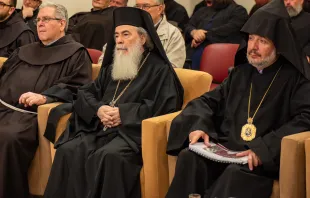 On Dec. 21, 2023, leaders of the three communities responsible for the Basilica of the Holy Sepulcher took part in a meeting for the presentation of the work in progress in the Holy Sepulcher in Jerusalem in 2023. From left to right: Father Francesco Patton, custos of the Holy Land; H. B. Theophilos III, Greek Orthodox patriarch of Jerusalem; and H. B. Nourhan Manougian, Armenian Patriarch of Jerusalem. Credit: Marinella Bandini