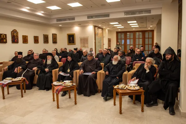 On Dec. 21, delegations from the three Christian communities responsible for the basilica of the Holy Sepulcher — the Greek Orthodox, the Roman Catholic (Custody of the Holy Land), and the Armenian Apostolic churches — took part in a meeting about the work in progress in the Holy Sepulcher in Jerusalem during 2023. Credit: Marinella Bandini