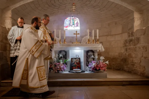 Father Francesco Patton, custos of the Holy Land, incenses the altar Dec. 31, 2023, in the place that the tradition indicates as the house of the Holy Family in Nazareth. Credit: Marinella Bandini