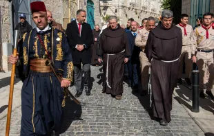 The custos of the Holy Land, Father Francesco Patton, walks through empty Bethlehem streets during the solemn entrance to the Basilica of the Nativity on Jan. 6, 2024. Credit: Marinella Bandini