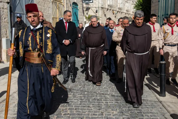 The custos of the Holy Land, Father Francesco Patton walked through empty Bethlehem streets during the solemn entrance to the Basilica of the Nativity. Credit: Marinella Bandini