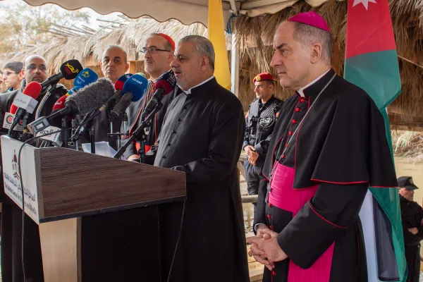 The apostolic nuncio to Jordan, Bishop Giovanni Pietro Dal Toso, listens during the press conference at the Baptism site on the Jordan River on Jan. 12, 2024. Credit: Marinella Bandini