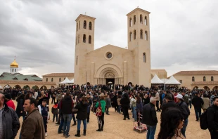 Worshipers in front of the Latin church dedicated to the Baptism of Jesus, in the locality known as "Bethany beyond the Jordan," at the exit of the Mass of the feast of Baptism, on Friday, Jan. 12, 2024. Credit: Marinella Bandini