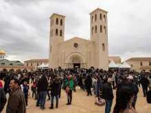 Worshipers in front of the Latin church dedicated to the Baptism of Jesus, in the locality known as "Bethany beyond the Jordan," at the exit of the Mass of the feast of Baptism, on Friday, Jan. 12, 2024.