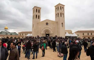Worshipers in front of the Latin church dedicated to the Baptism of Jesus, in the locality known as "Bethany beyond the Jordan," at the exit of the Mass of the feast of Baptism, on Friday, Jan. 12, 2024. Credit: Marinella Bandini