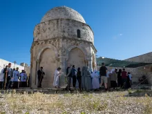 An external view of the Chapel of the Ascension on the Mount of Olives in Jerusalem during the procession of the Franciscan friars after the first vespers of the Ascension solemnity on May 8, 2024. The procession circled the chapel three times.