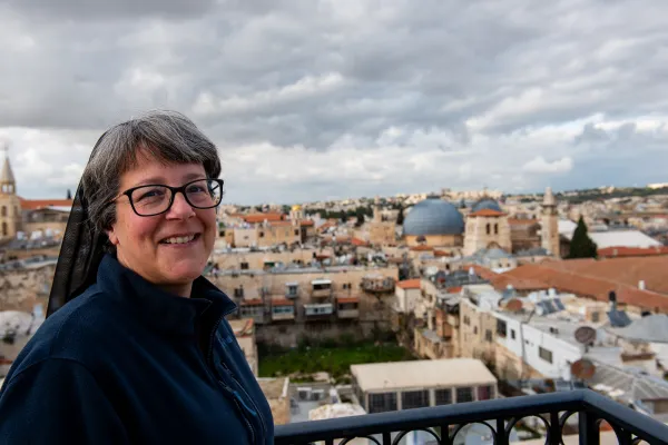Sister Naomi Zimmermann, FSE, on the terrace of the Christian Information Center in Jerusalem. She currently works to serve this work of the Custody of the Holy Land, whose aim is to provide information on Christianity and on the Holy Land to pilgrims and tourists. Credit: Marinella Bandini