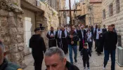 Students and teachers from Jerusalem Christian schools walk the Way of the Cross on the Via Dolorosa in Jerusalem. The yearly event was organized by the Custody of the Holy Land on Friday, Feb. 23, 2024, on the occasion of Lent.