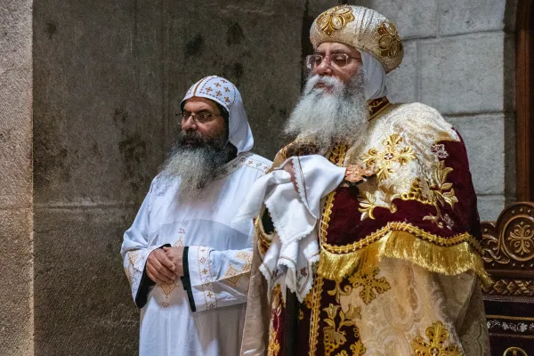 His Eminence Anba Antonios (on the right), Coptic archbishop of Jerusalem, and Father Antonius Al Orshalemy, general secretary of the Coptic Orthodox Patriarchate in Jerusalem, during the Mass of the first Sunday of Lent on March 17, 2024. In the Coptic Orthodox Church, Lent lasts 55 days and begins one week before the other churches. Credit: Marinella Bandini