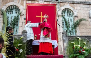 Cardinal Pierbattista Pizzaballa, the Latin Patriarch of Jerusalem, gives the final blessing with the relic of the holy cross at the end of the Palm Sunday procession from Bethphage to Jerusalem on March 24, 2024. Credit: Marinella Bandini