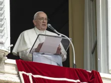 Pope Francis gives the weekly Angelus address on Aug. 27, 2023.