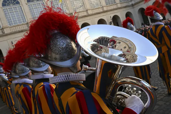 The Swiss Guard band played throughout the swearing-in ceremony at the Vatican May 6, 2023. Vatican Media