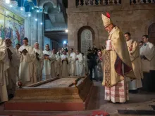 With the incense burned from the newly blessed fire, Cardinal Pierbattista Pizzaballa, the Latin patriarch of Jerusalem, incenses the "Stone of Anointing," located at the entrance of the Basilica of the Holy Sepulcher, where, according to tradition, the body of Jesus was anointed and prepared with aromatic oils for burial. March 30, 2024.