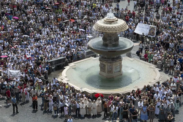 The crowd gathered in St. Peter's Square as Pope Francis delivers his Angelus address on June 18, 2023. Vatican Media