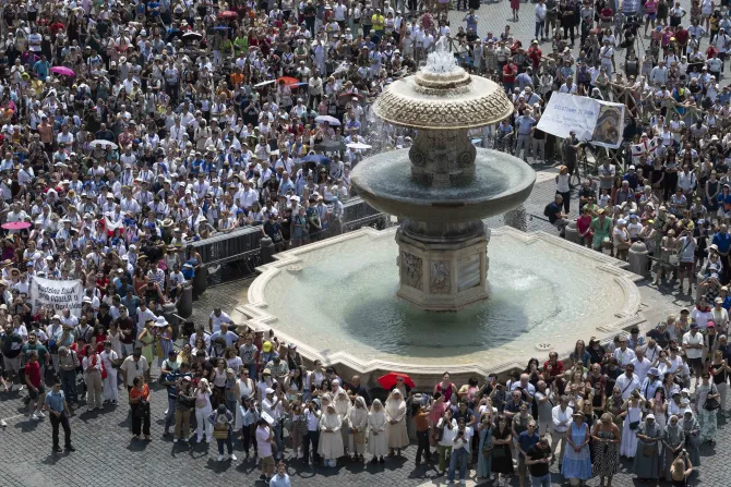 The crowd gathered in St. Peter's Square as Pope Francis delivers his Angelus address on June 18, 2023.