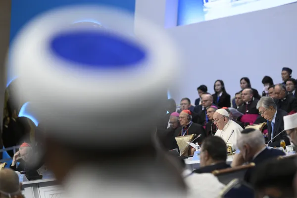Pope Francis speaking at the 7th Congress of Leaders of World and Traditional Religions in Nur-Sultan, Kazakhstan, Sept. 15, 2022. Vatican media