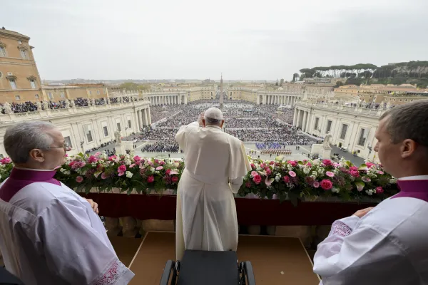 Pope Francis gives his urbi et orbi blessing from the central loggia of St. Peter’s Basilica before an estimated 60,000 people on March 31, 2024. Credit: Vatican Media