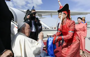 Upon his arrival at Chinggis Khaan International Airport on Sept. 1, 2023, Pope Francis was welcomed with a bowl of Aaruul, dried curds which are a traditional food of Mongolian nomadic peoples. Credit: Vatican Media