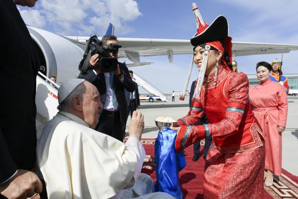 Upon his arrival at Chinggis Khaan International Airport on Sept. 1, 2023, Pope Francis was welcomed with a bowl of Aaruul, dried curds which are a traditional food of Mongolian nomadic peoples. Credit: Vatican Media