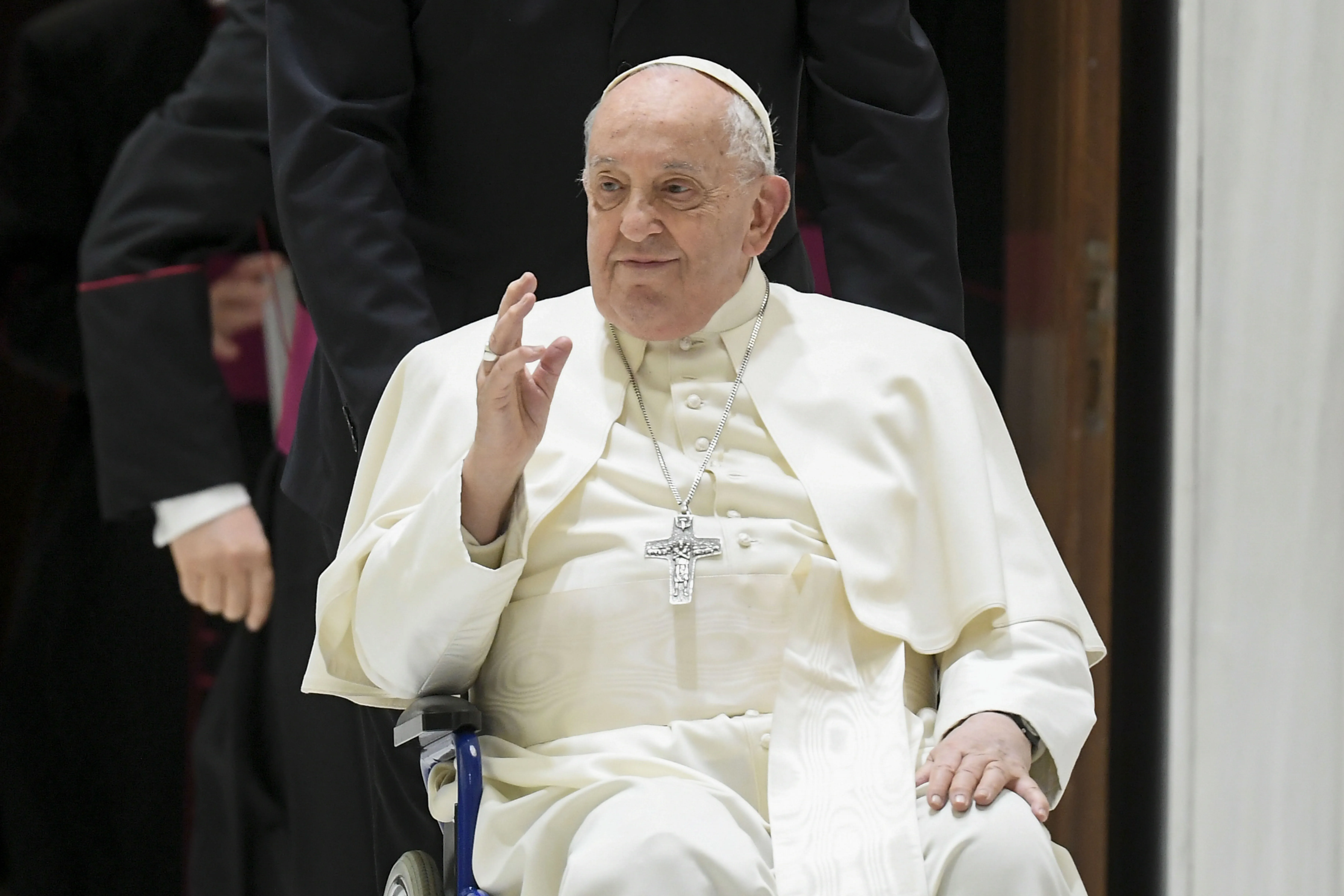 Pope Francis appears in a wheelchair at his general audience on Feb. 28, 2024.?w=200&h=150