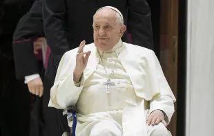 Pope Francis appeared in a wheelchair at his general audience on Feb. 28, 2024. Credit: Vatican Media