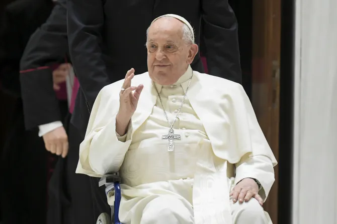 Pope Francis appeared in a wheelchair at his general audience on Feb. 28, 2024.