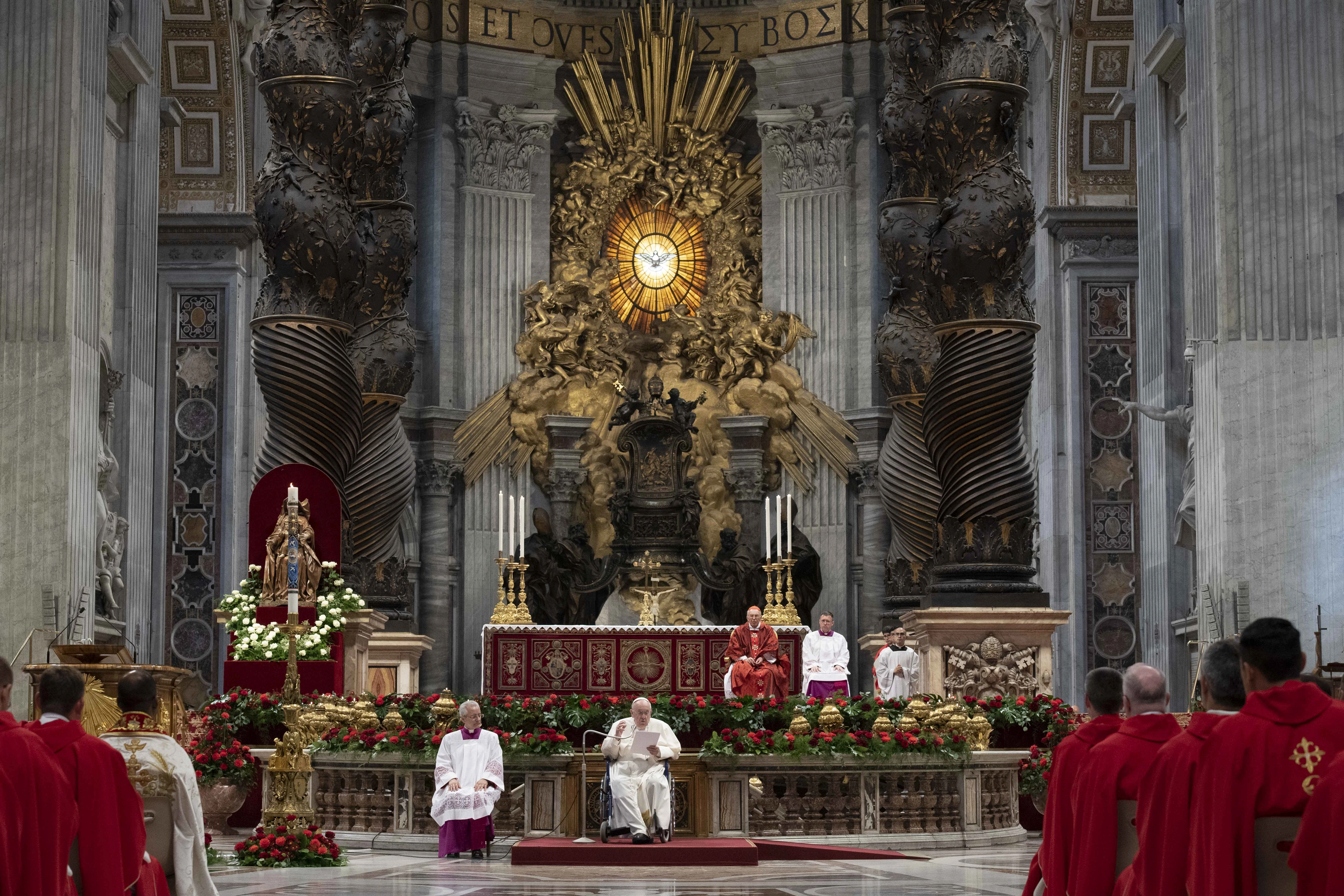 Pope Francis delivered his homily from a wheelchair in front of the main altar of St. Peter's Basilica on June 5, 2022.?w=200&h=150