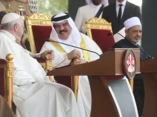 Pope Francis attending the closing of the “Bahrain Forum for Dialogue: East and West for Human Coexistence” with King Hamad bin Isa Al Khalifa on Nov. 4, 2022.