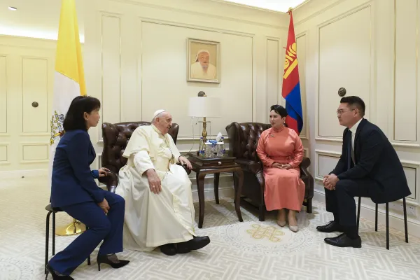 Mongolian Foreign Minister Battsetseg Batmunkh received Pope Francis at Chinggis Khaan International Airport and later met with him on his first day in Mongolia on Sept. 1, 2023. Credit: Vatican Media