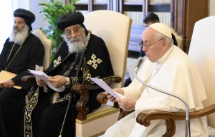 In a speech during a meeting with Pope Tawadros II, the head of the Coptic Orthodox Church of Alexandria, and other Coptic Orthodox representatives on May 11, 2023, Pope Francis announced that the Coptic Orthodox martyrs killed by ISIS in 2015 will be added to the Catholic Church’s official list of saints. Credit: Vatican Media
