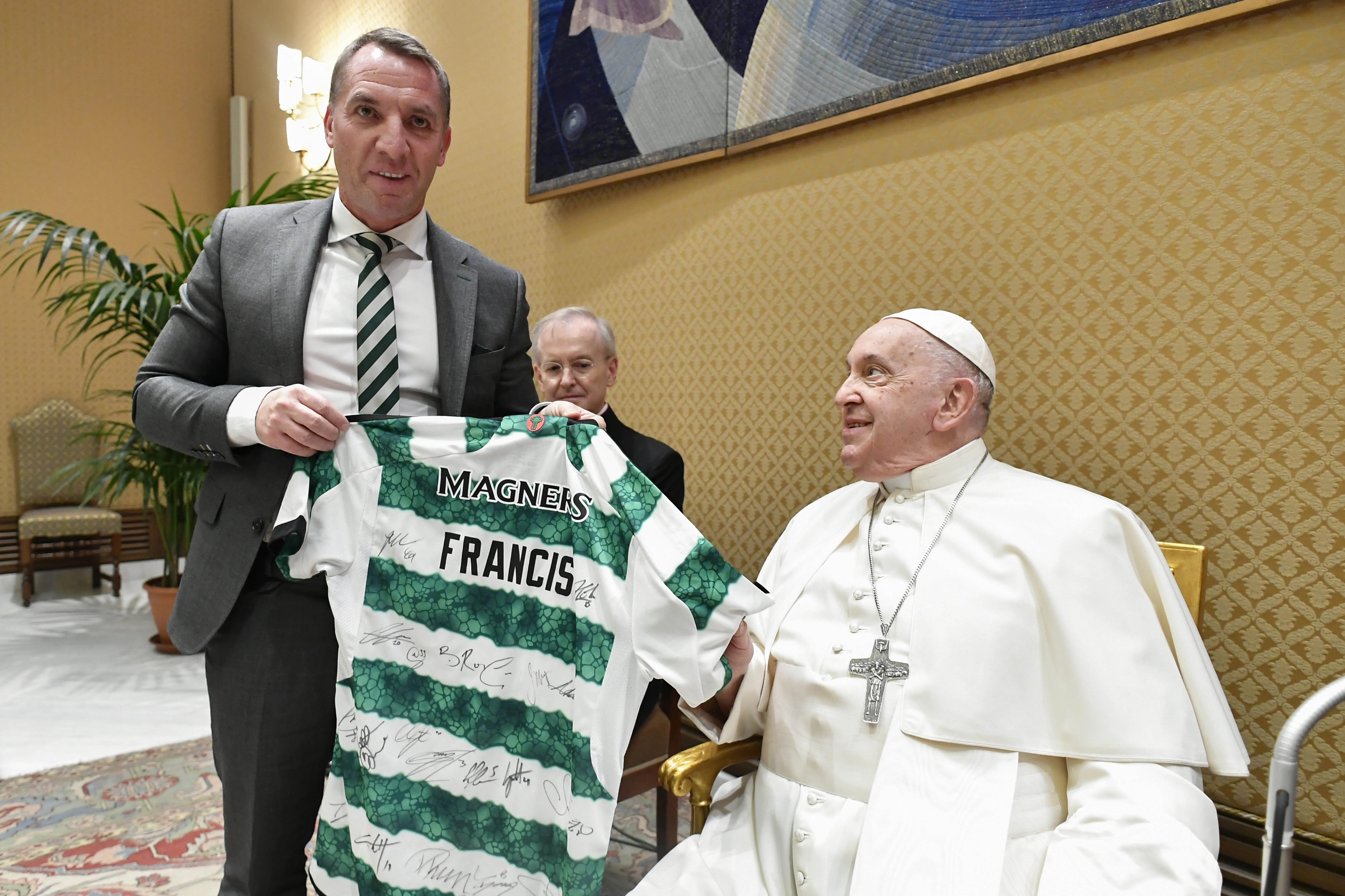 Pope Francis meets with professional soccer players from the Celtic Football Club, a team founded by an Irish Catholic religious brother, on Wednesday, Nov. 29, 2023, at the Vatican.?w=200&h=150