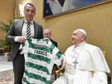 Pope Francis meets with professional soccer players from the Celtic Football Club, a team founded by an Irish Catholic religious brother, on Wednesday, Nov. 29, 2023, at the Vatican.