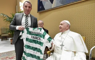 Pope Francis meets with professional soccer players from the Celtic Football Club, a team founded by an Irish Catholic religious brother, on Wednesday, Nov. 29, 2023, at the Vatican. Credit: Vatican Media