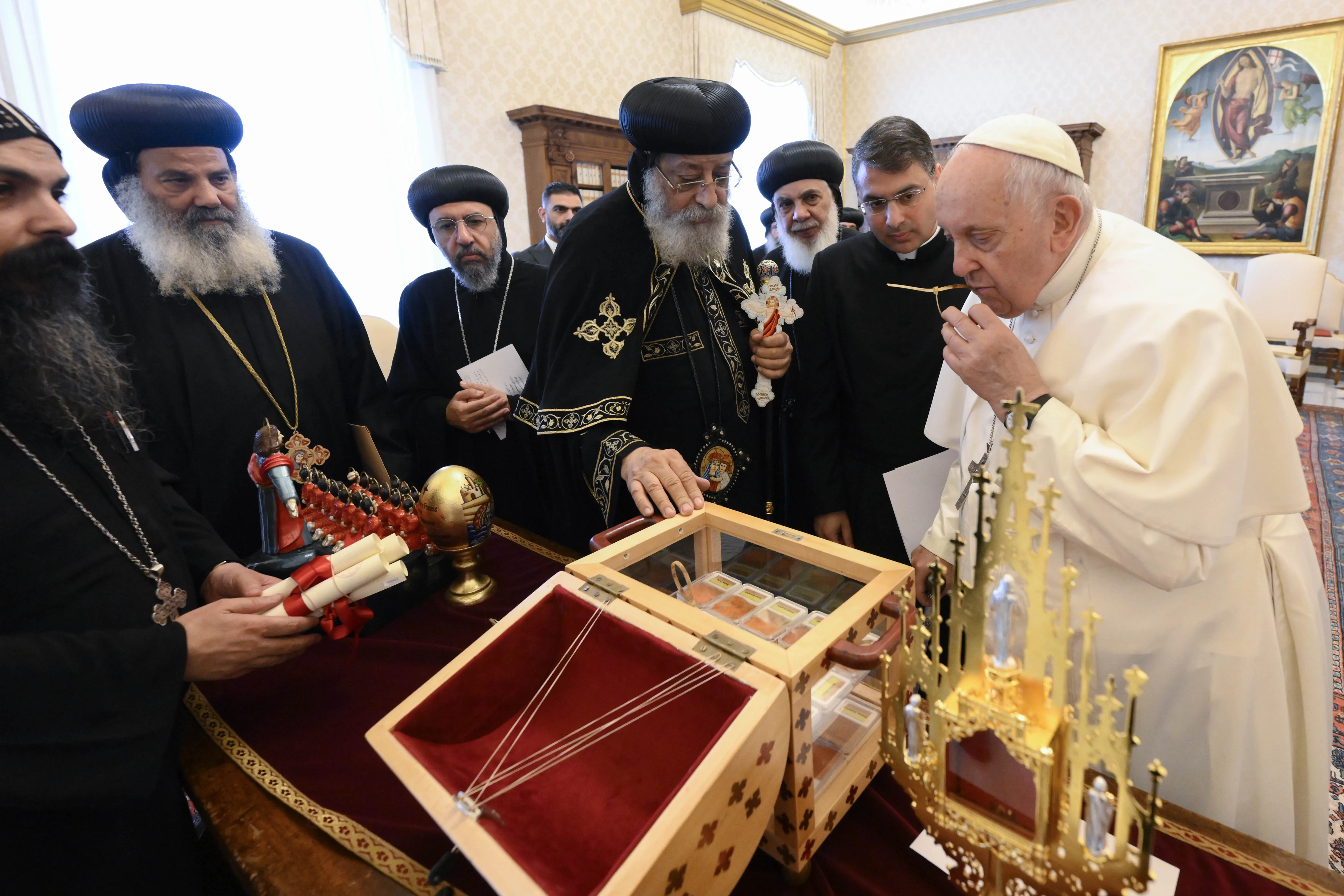 Pope Francis receives relics of the Coptic martyrs from Pope Tawadros II, the head of the Coptic Orthodox Church of Alexandria, May 11, 2023. Pope Francis also announced that the 21 men will be added to the Church’s official list of saints.?w=200&h=150