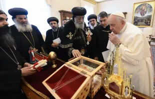 Pope Francis receives relics of the Coptic martyrs from Pope Tawadros II, the head of the Coptic Orthodox Church of Alexandria, May 11, 2023. Pope Francis also announced that the 21 men will be added to the Church’s official list of saints. Credit: Vatican Media