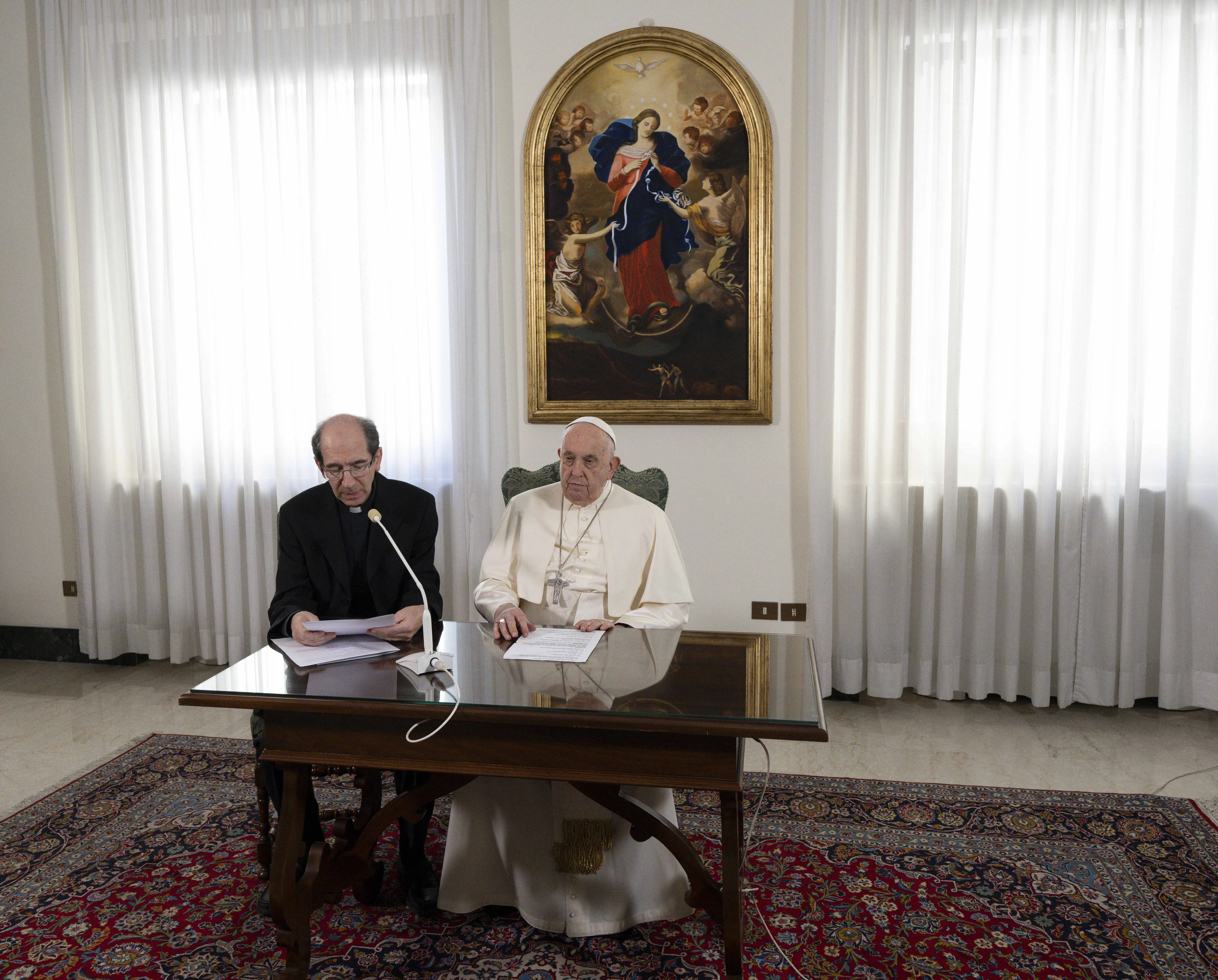 Papal aide Monsignor Paolo Braida reads Pope Francis' prepared remarks for the Sunday Angelus on Dec. 3, 2023, from the chapel at the papal residence at Casa Santa Marta.?w=200&h=150