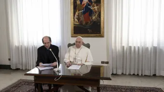 Papal aide Monsignor Paolo Braida reads Pope Francis' prepared remarks for the Sunday Angelus on Dec. 3, 2023, from the chapel at the papal residence at Casa Santa Marta.