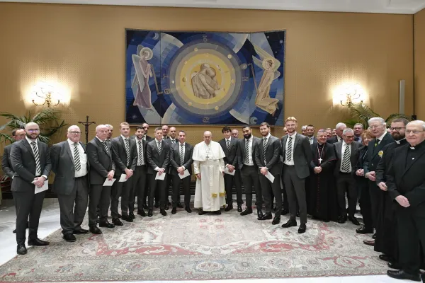 Pope Francis meets with professional soccer players from the Celtic Football Club, a team founded by an Irish Catholic religious brother, on Nov. 29, 2023, at the Vatican. Credit: Vatican Media