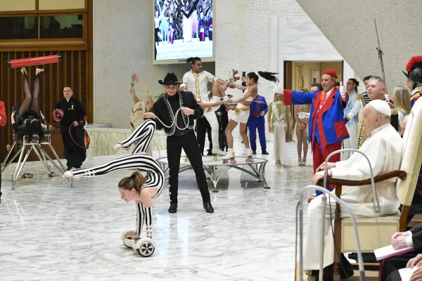 Circus performers put on a show for the pope at the end of the general audience on Nov. 29, 2023. Credit: Vatican Media
