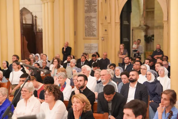 The Church of the Latin Patriarchate of Jerusalem full of people on Nov. 1, 2023, for the Mass of consecration of María Ruiz Rodríguez in the Ordo Virginum. Credit: Latin Patriarchate of Jerusalem
