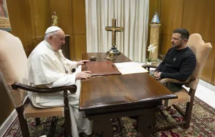Pope Francis meets with Ukraine President Volodymyr Zelenskyy at the Vatican on May 13, 2023, their first meeting since the start of the full-scale war with Russia. Credit: Vatican Media