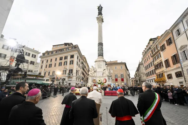 Pope Francis stands below the nearly 40-foot tall column dedicated to the Immaculate Conception in Rome’s Piazza di Spagna on Dec. 8, 2023. Credit: Vatican Media
