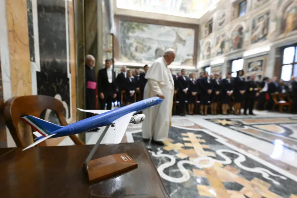 Pope Francis meets with ITA Airways staff at the Vatican on April 14, 2023. Vatican Media