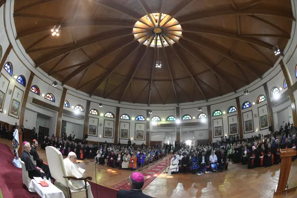 Pope Francis meets with local priests and religious of Mongolia, which includes only 25 priests (19 religious and six diocesan), 33 women religious, and one bishop — Cardinal Giorgio Marengo — in Ulaanbaatar’s Cathedral of Sts. Peter and Paul on Sept. 2, 2023. Credit: Vatican Media
