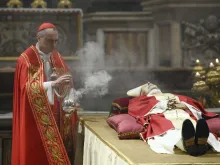 Cardinal Mauro Gambetti, the archpriest of St. Peter’s Basilica, presided over a brief ritual upon the arrival of Benedict XVI’s body in St. Peter's Basilica on Jan. 2, 2023, sprinkling the body with holy water and offering prayers for the repose of his soul.
