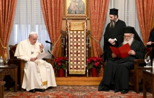 Pope Francis speaks to His Beatitude Ieronymos II and other Greek Orthodox leaders in Athens Dec. 4. Vatican Media