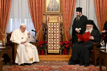 Pope Francis speaks to Greek Orthodox leaders in Athens Dec. 4.