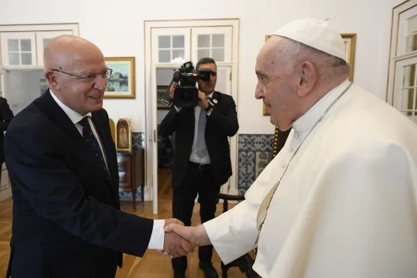 Pope Francis meets with Portuguese Assembly President Augusto Ernesto dos Santos Silva at the Belém Cultural Center in Lisbon, Portugal, Aug. 2, 2023. Credit: Vatican Media